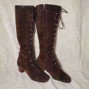 Vintage 60s/70s Cobbies Brown Suede Knee-High Lace-Up Block Heel Boots